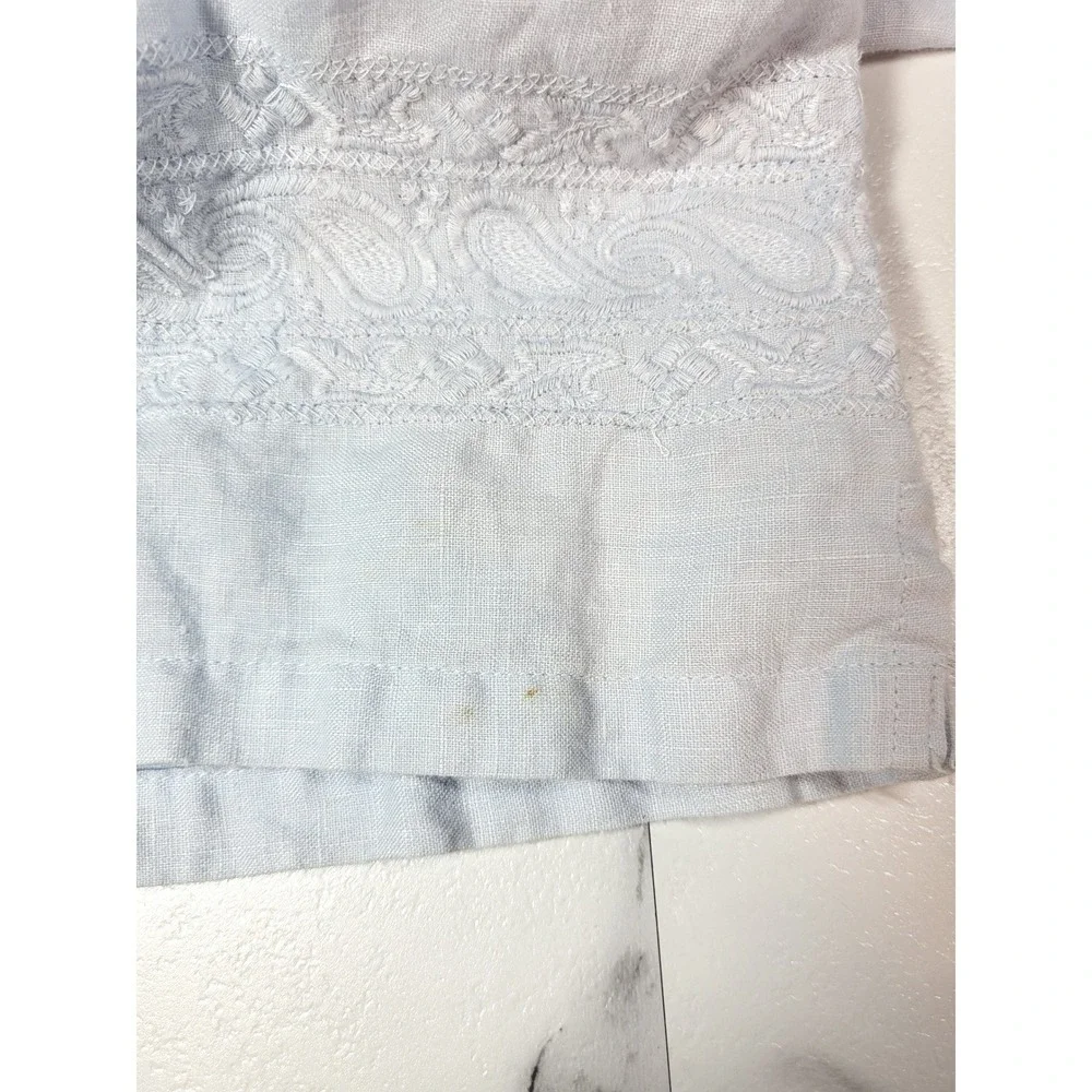 Banana Republic Mens Linen XL Light Blue Short Sleeve‎ Embroidered Hem Shirt